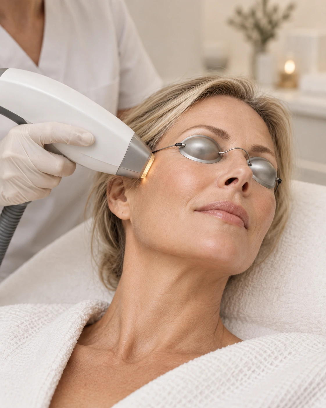 Mature woman receiving a facial laser treatment while wearing protective eye shields.