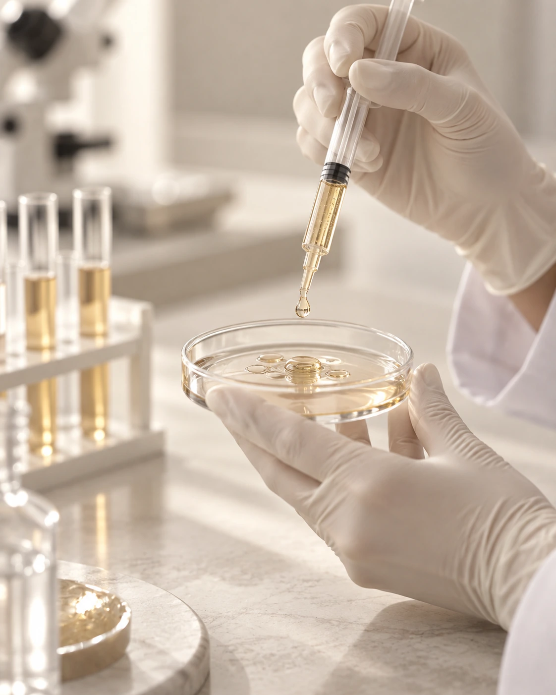 Gloved clinician handling regenerative biologic material in a refined laboratory setting.