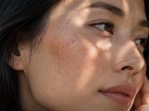 Illustrative close-up of a cheek with freckles and uneven tone