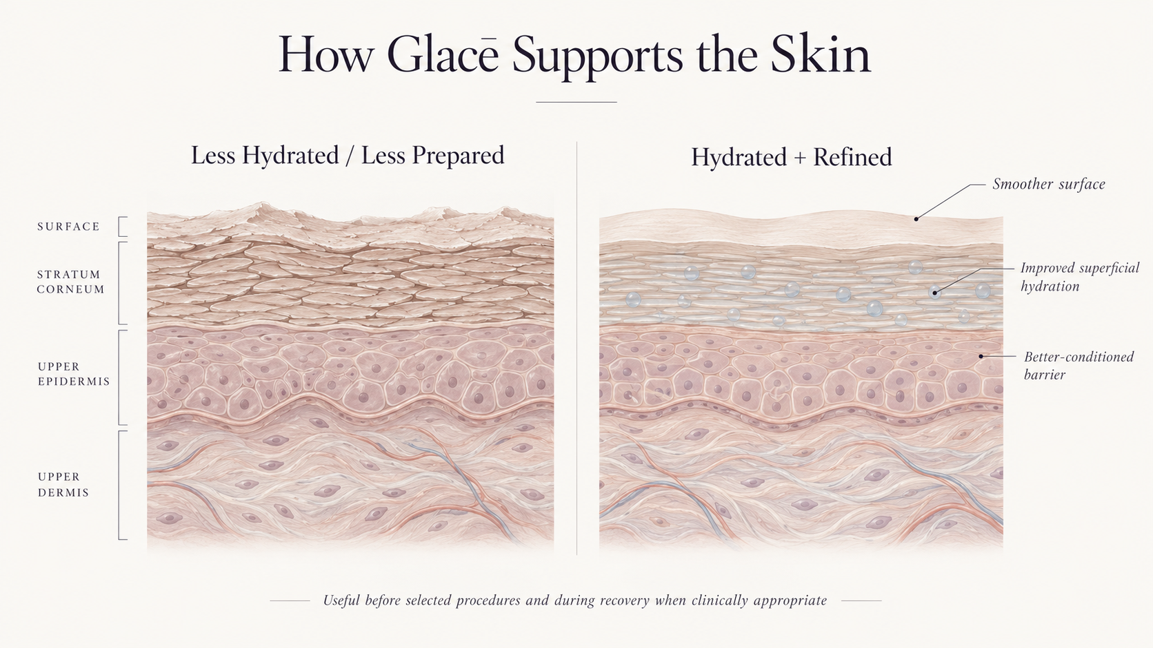 Illustration comparing less hydrated skin with hydrated, refined skin showing smoother surface texture, improved superficial hydration, and a better-conditioned skin barrier.
