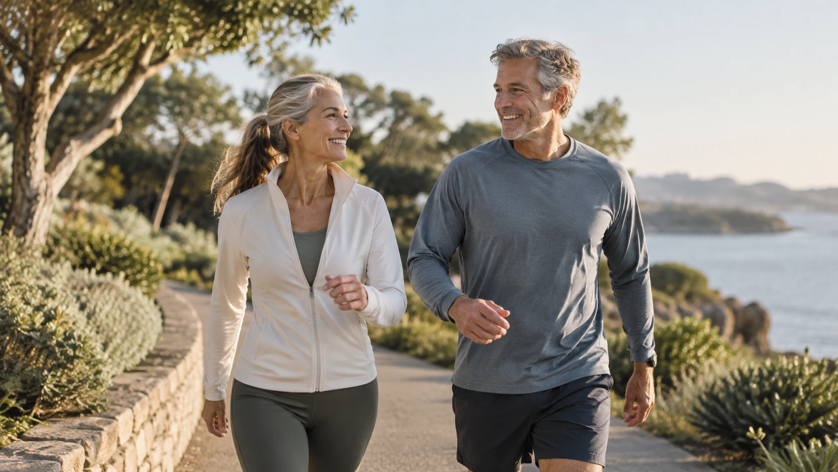 Older couple enjoying outdoor exercise together beside the water