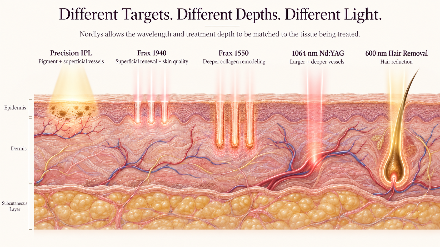 Diagram showing how Nordlys Precision IPL, Frax 1940, Frax 1550, 1064 nm Nd:YAG, and the 600 nm hair-removal handpiece address different skin targets and treatment depths.