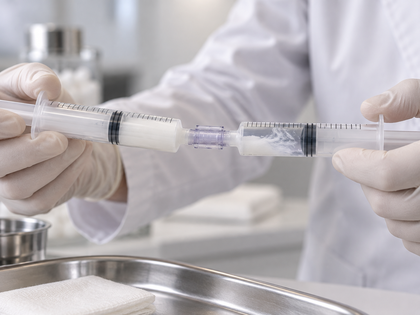 Hyperdilute Radiesse being mixed between two syringes with a connector in a clinical setting.