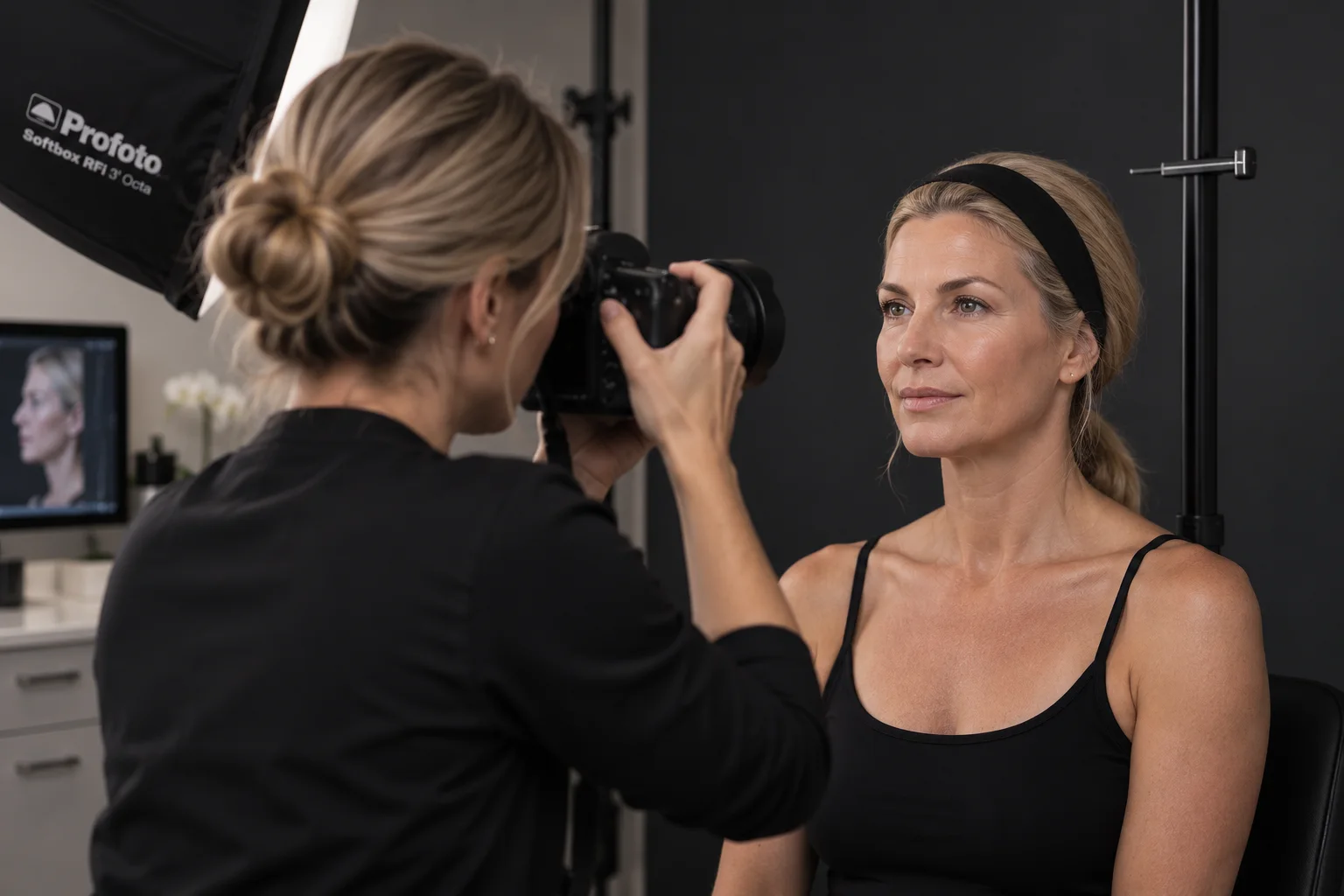 A professional photographer documenting an adult in a controlled studio setting