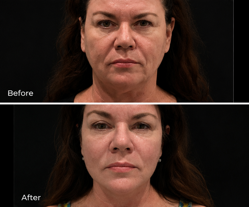 Silent Lift™ before and after: full-face frontal view, before photo above and after photo below